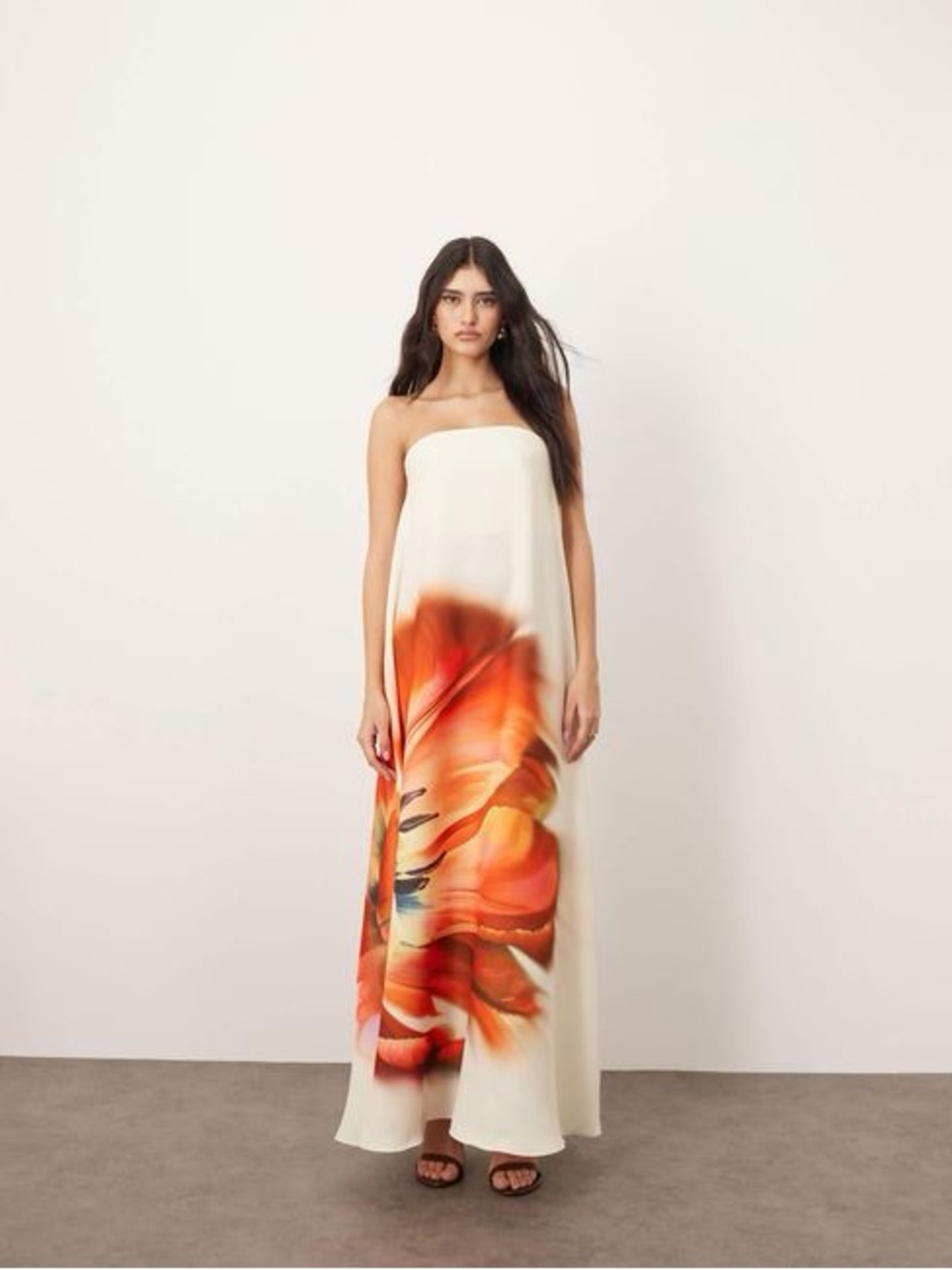 ASOS ARRANGE Strapless Ivory Maxi Dress with Bold Orange Floral Print